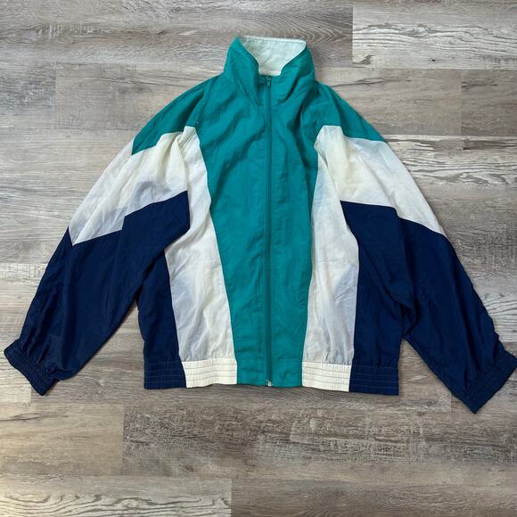 VTG Pure Water Colorblock Windbreaker Jacket Teal Navy White Zip Up 1X Nylon 90s - Picture 1 of 5